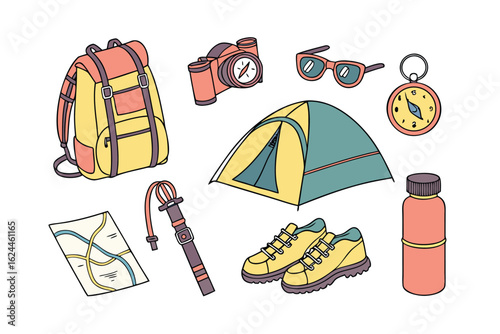 Camping Gear: A colorful and inviting illustration of essential camping gear set against a clean background, offering a sense of preparedness and anticipation for outdoor adventure.