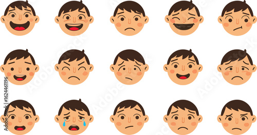Cartoon boy faces showing different emotions