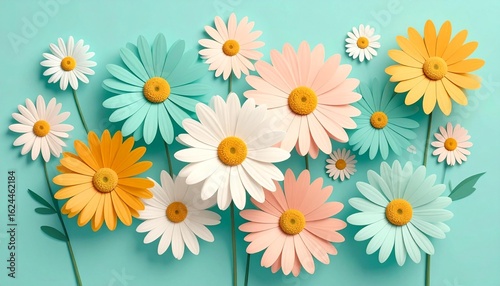 Vibrant daisies on pastel backdrop create a cheerful, modern, and springlike vibe perfect for uplifting designs