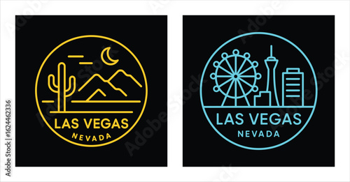 Las Vegas Nevada Skyline Logo Emblem with Iconic Casinos and Neon Design