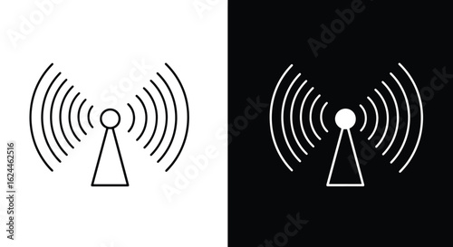 Two minimalist icons of a radio tower broadcasting signals on black and white backgrounds.