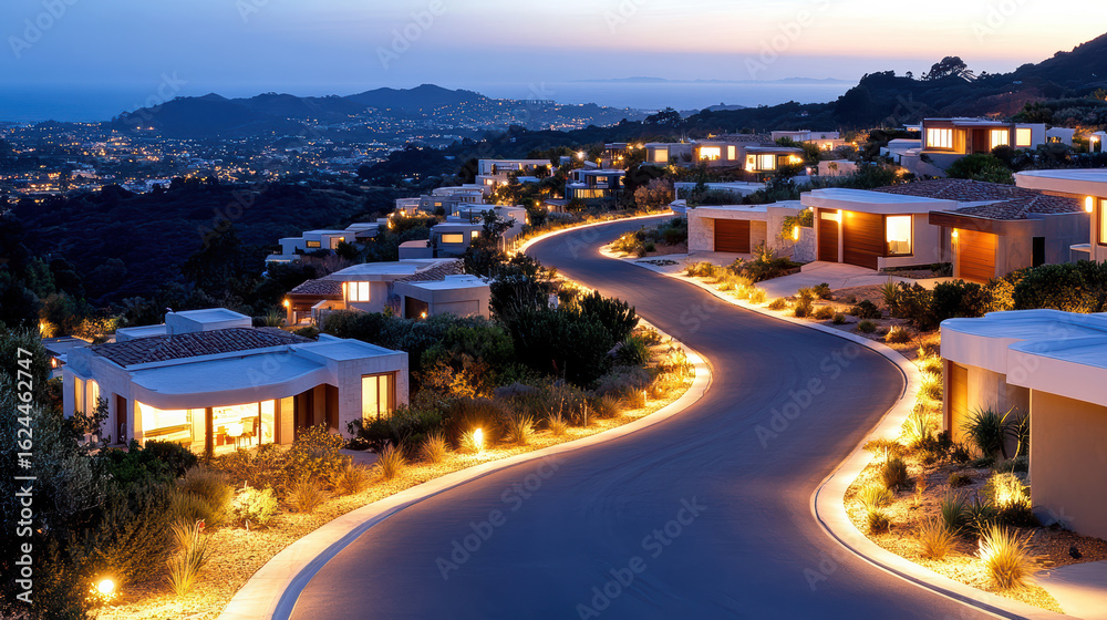 Fototapeta premium Luxurious houses illuminated at dusk along winding road, showcasing serene landscape