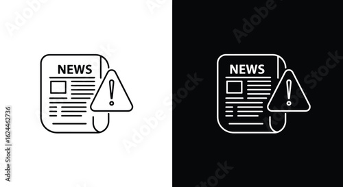 Line art icons of a newspaper with a triangular warning sign, representing a news alert, important update, or bad news.