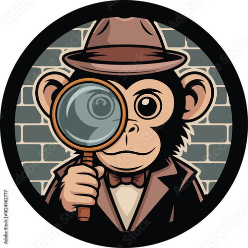A cartoon monkey detective wearing a fedora and suit peers through a magnifying glass.