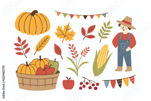Harvest bounty: A collection of autumnal harvest elements including pumpkins, apples, corn, and a farmer, celebrating the season's abundance in a charming illustration.