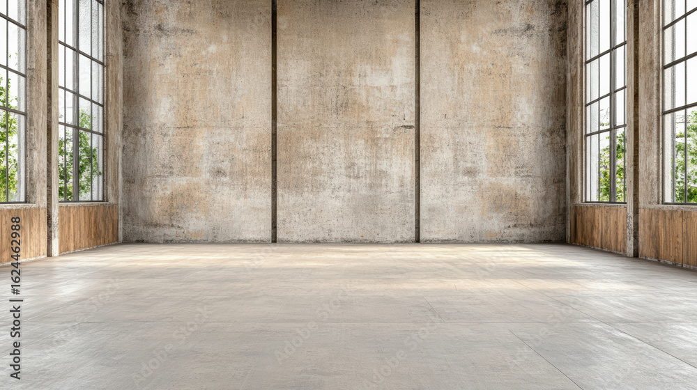 Empty industrial space with weathered walls and large windows allowing natural light to enter Empty industrial space with weathered walls and large windows allowing natural light to enter
