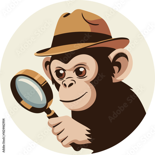 A curious chimpanzee detective wearing a brown fedora hat holds a magnifying glass.