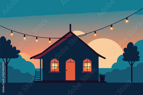 house with flying eaves and lantern string lights .eps