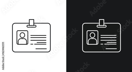 Line icon of an identification card with a photo and text, shown in black on white and white on black.