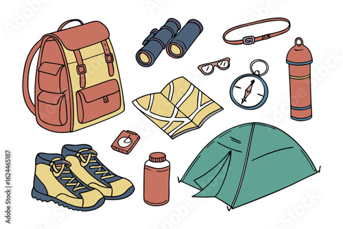 Adventure Gear Essentials: A meticulously curated collection of essential outdoor gear, a testament to the spirit of exploration and adventure. Featuring compass, water bottle.