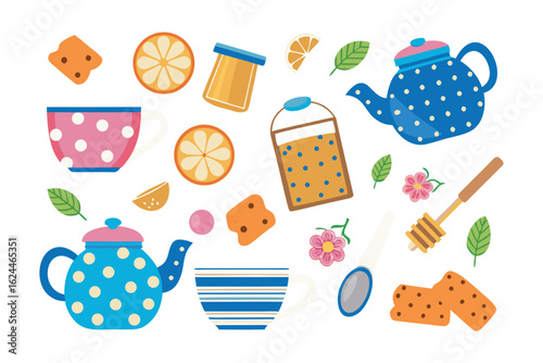 Tea time delight: A whimsical assortment of tea time elements. A lovely collection for tea party, with vibrant colors and patterns.