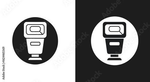 A black and white icon of a camera speedlight flash unit presented in positive and negative circular designs.