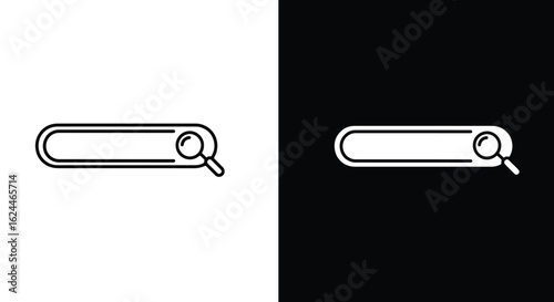 Line art icon of a search bar with a magnifying glass, shown in black and white versions.