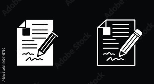 A set of white icons depicting a pencil writing on a document, shown in both solid and outline styles.