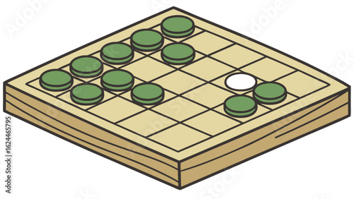 Illustration of a checkerboard game with green and white pieces, a classic strategy game for two players, isolated on white background