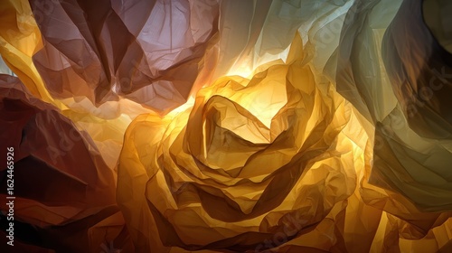 Luminous, translucent paper folds form abstract floral shapes in warm colors
