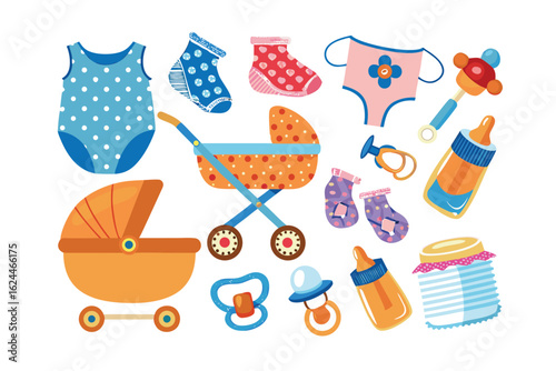 Baby Essentials: A collection of adorable, colorful baby items, artfully arranged to capture the joy and anticipation of parenthood, perfect for new parents or expecting parents.