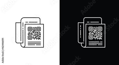 A simple line art icon of a QR code on a paper receipt, shown in both positive and negative versions.