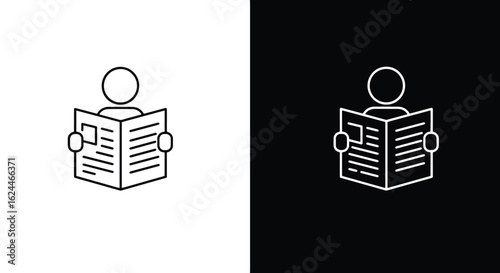 A minimalist outline icon of a person reading a newspaper, shown on black and white backgrounds.