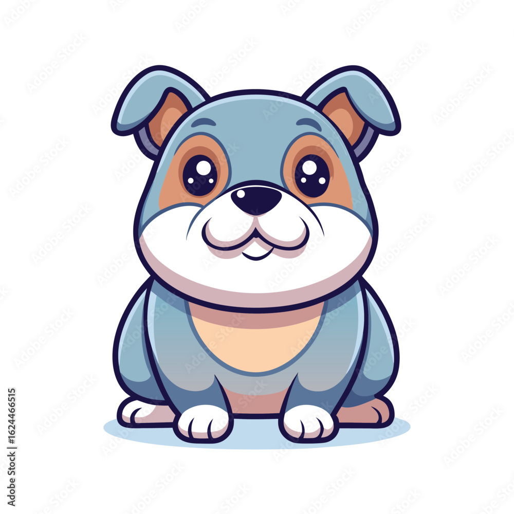 Naklejka premium Adorable cartoon bulldog puppy with big eyes and a friendly smile, sitting and looking forward, isolated on white background