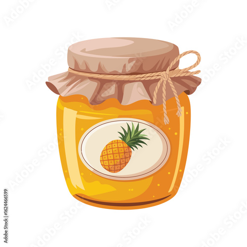 Glass jar filled with sweet pineapple jam tied with twine and a label