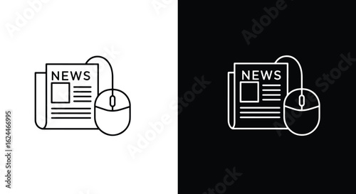 A simple line icon of a newspaper and a computer mouse, representing online news, digital media, and journalism.