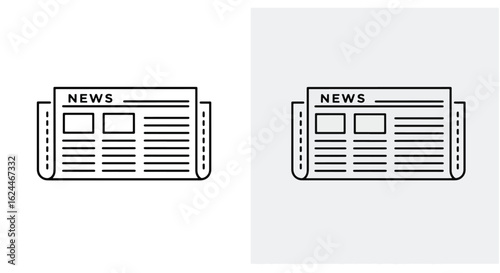 Minimalist line art icons of a folded newspaper with the headline NEWS, shown on both white and gray backgrounds.