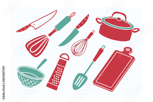 Kitchen Utensils: A visually captivating illustration showcasing an assortment of kitchen utensils. A collection of culinary tools perfectly blends the essential elements of cooking.