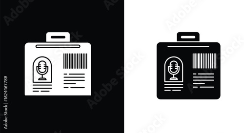 A black and white icon of a press pass or journalist identification card with a microphone symbol.