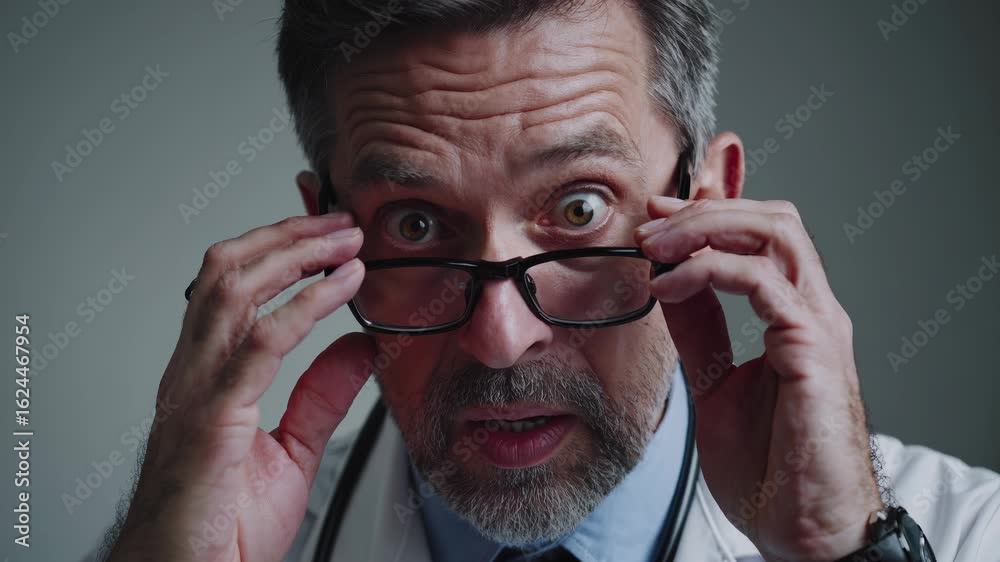 Doctor man wearing glasses inside clinic shows shocked surprised expression with stethoscope around neck reacting in hospital room to unusual health situation, surprised medical professional in clinic Doctor man wearing glasses inside clinic shows shocked surprised expression with stethoscope around neck reacting in hospital room to unusual health situation, surprised medical professional in clinic