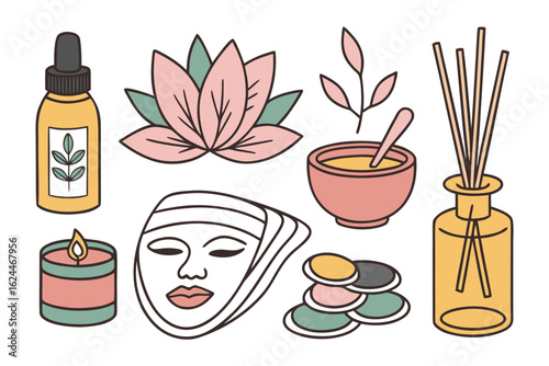 Serene Spa Elements: A curated collection of spa essentials, rendered in a clean, modern style, invites relaxation and well-being, the still life embodies the core elements of tranquility.