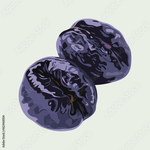 Two dark purple pitted prunes on a light green background