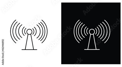 A minimalist line icon of a radio antenna broadcasting waves, shown in black on white and white on black.