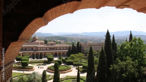 Alhambra Palace and Generalife gardens panoramic view from arched window