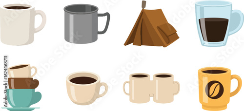 Coffee mugs camping tent and cups illustration