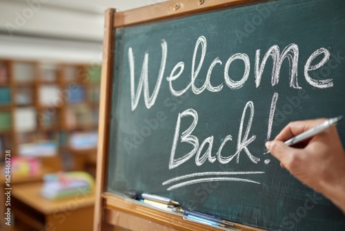 In a well-lit classroom, a teacher writes a warm welcome back message on the chalkboard. The atmosphere is inviting, signaling the start of a new school year