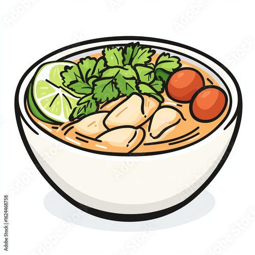 A bowl of creamy soup with chicken pieces, cherry tomatoes, lime slice, and fresh cilantro garnish.