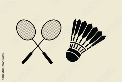 Hand drawn illustration of badminton rackets and shuttlecock on a light background