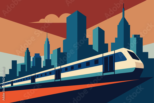 l train running in foreground of skyline  .eps