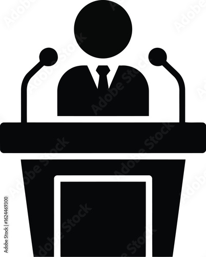 Illustration of a speaker at a podium delivering a speech with microphones for a conference or event vector illustration graphic design
