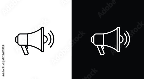 Minimalist line icons of a megaphone emitting sound, presented in black on white and white on black versions.