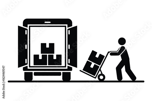 Delivery worker loading boxes into the back of a truck with a hand truck