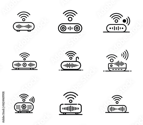 Set of nine hand drawn icons representing wireless routers and wi fi signals in a grid layout