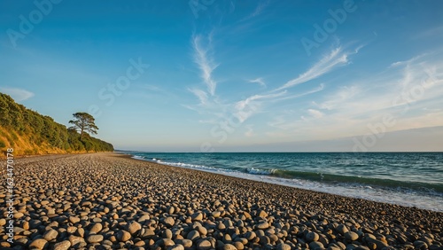 Fototapeta Naklejka Na Ścianę i Meble -  Serene seaside scene with pebble beach, verdant foliage, and open blue sky