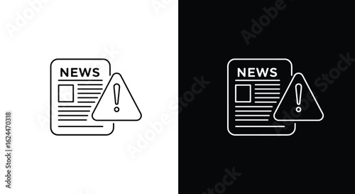 Line icon of a newspaper with a warning sign, symbolizing important, breaking, or fake news.