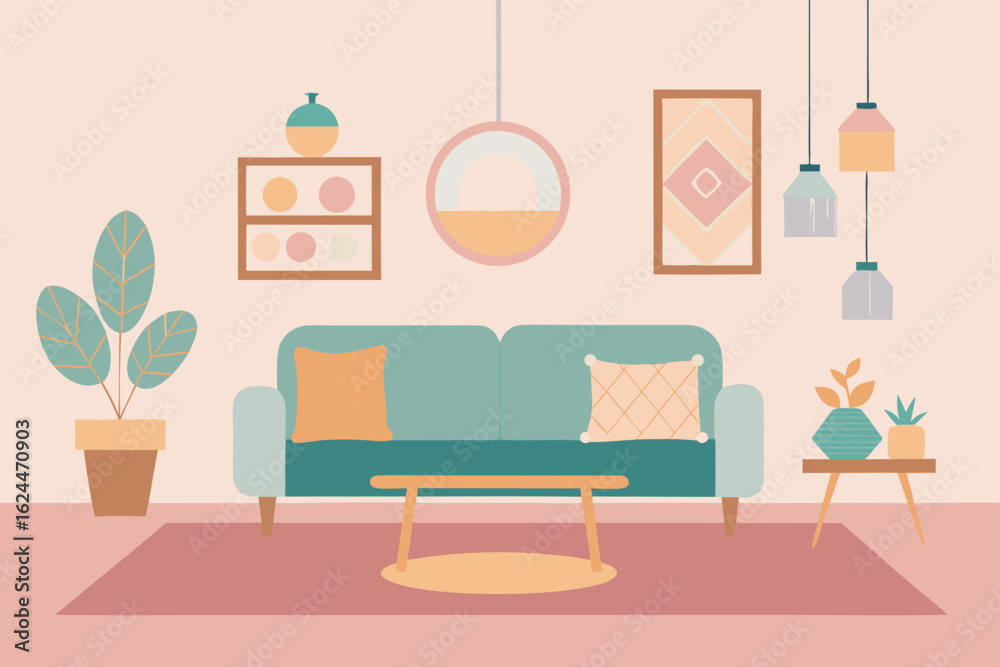 Fototapeta premium living room in pastel theme with boho decor (1).eps