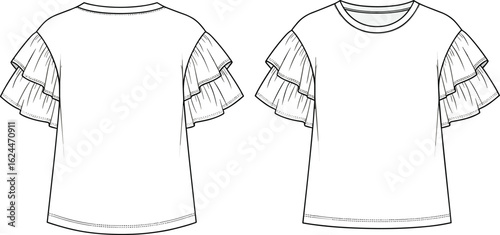Technical fashion sketch of women's a-line midi dress with a square neckline, front button placket, and puff sleeves, vector illustration.