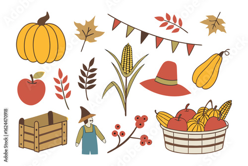 Autumn Harvest Assemblage: A vibrant illustration showcasing the abundant symbols of autumn, from plump pumpkins to bountiful bushels, perfect for seasonal themes.