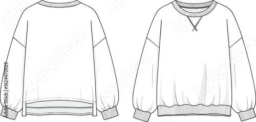 Technical fashion sketch of women's a-line midi dress with a square neckline, front button placket, and puff sleeves, vector illustration.