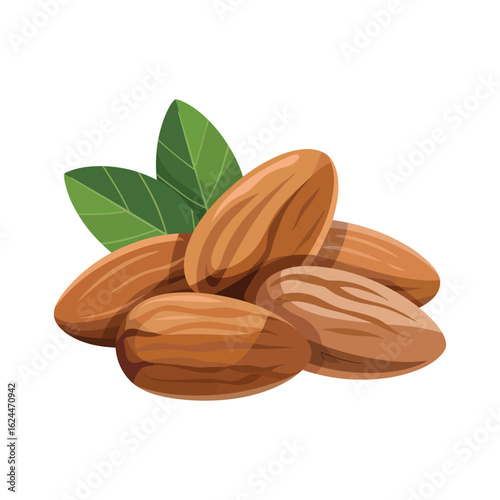 Pile of fresh almonds with green leaves on a white background